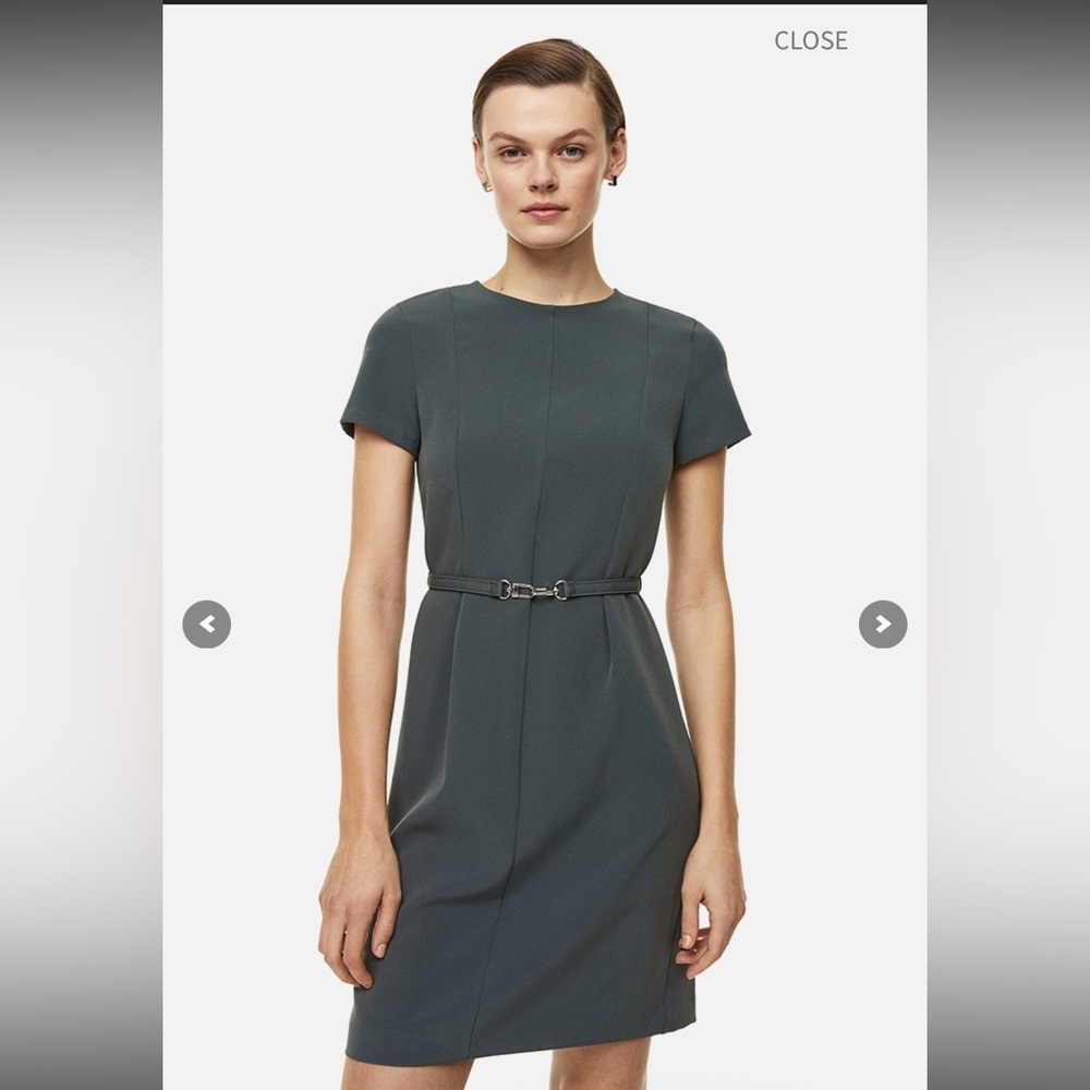 H&M short sleeve belted dress. Color is a dark green/gray color.